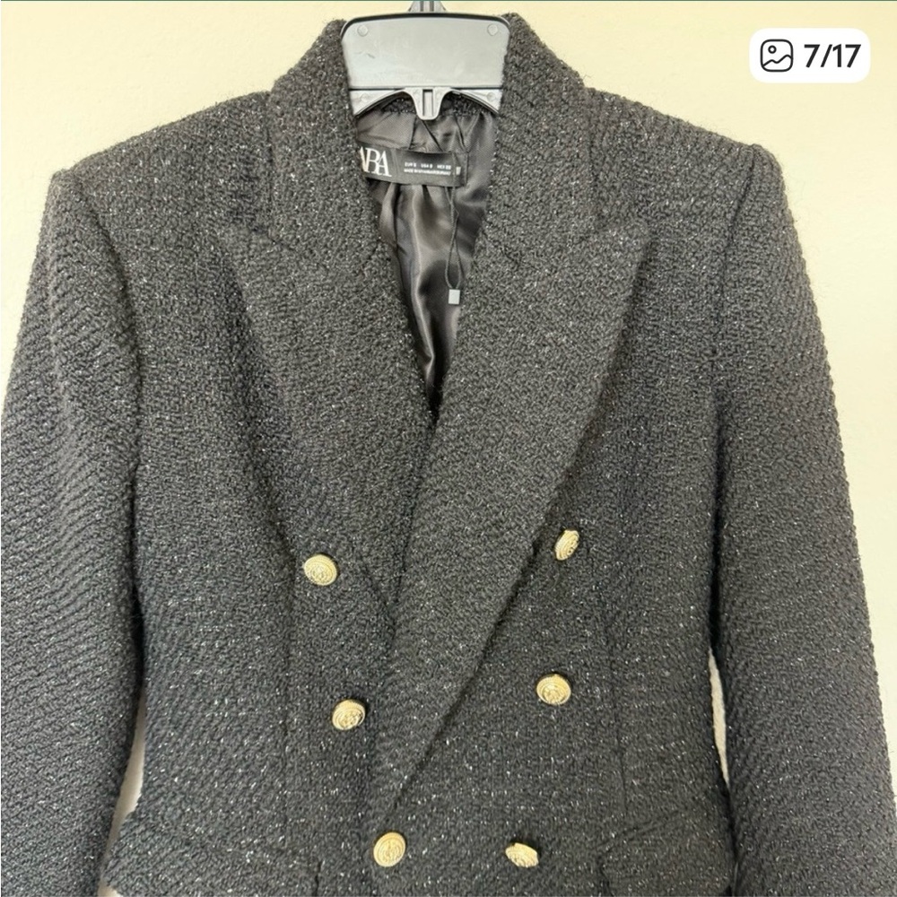 Zara Black Textured Tweed fabric Long Blazer with Gold Buttons size S - Picture 4 of 6